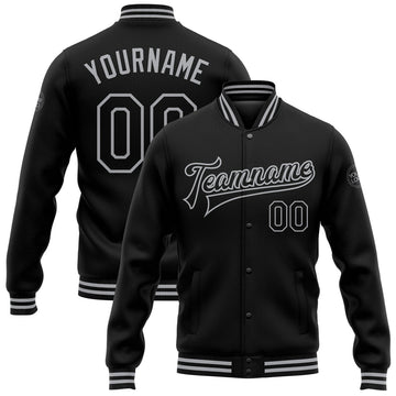 FUNSTUFFPRINT Custom Black Gray Bomber Full-Snap Varsity Letterman Jacket 3D Baseball Jacket