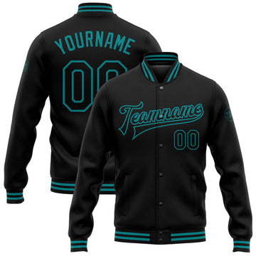 FUNSTUFFPRINT Custom Black Teal Bomber Full-Snap Varsity Letterman Jacket 3D Baseball Jacket
