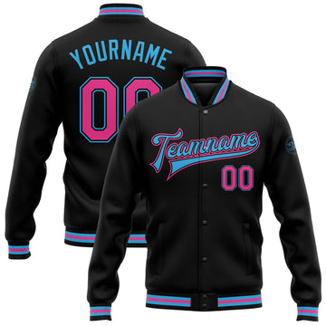 FUNSTUFFPRINT Custom Black Pink-Sky Blue Bomber Full-Snap Varsity Letterman Jacket 3D Baseball Jacket