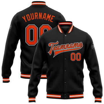 FUNSTUFFPRINT Custom Black Orange-White Bomber Full-Snap Varsity Letterman Jacket 3D Baseball Jacket