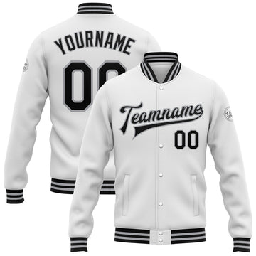 FUNSTUFFPRINT Custom White Black-Gray Bomber Full-Snap Varsity Letterman Jacket 3D Baseball Jacket