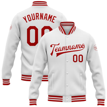 FUNSTUFFPRINT Custom White Red Bomber Full-Snap Varsity Letterman Jacket 3D Baseball Jacket