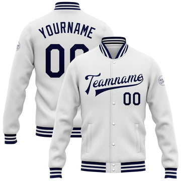 FUNSTUFFPRINT Custom White Navy Bomber Full-Snap Varsity Letterman Jacket 3D Baseball Jacket