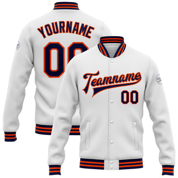 FUNSTUFFPRINT Custom White Navy-Orange Bomber Full-Snap Varsity Letterman Jacket 3D Baseball Jacket