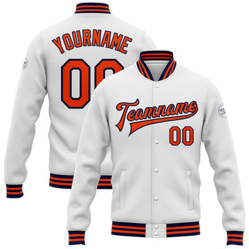 FUNSTUFFPRINT Custom White Orange-Navy Bomber Full-Snap Varsity Letterman Jacket 3D Baseball Jacket