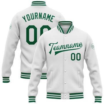 FUNSTUFFPRINT Custom White Kelly Green Bomber Full-Snap Varsity Letterman Jacket 3D Baseball Jacket