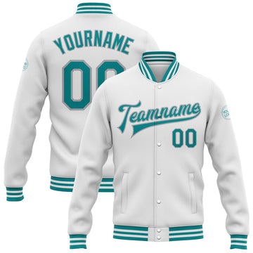 FUNSTUFFPRINT Custom White Teal-Gray Bomber Full-Snap Varsity Letterman Jacket 3D Baseball Jacket