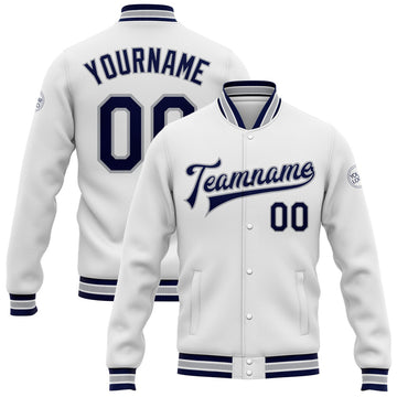 FUNSTUFFPRINT Custom White Navy-Gray Bomber Full-Snap Varsity Letterman Jacket 3D Baseball Jacket