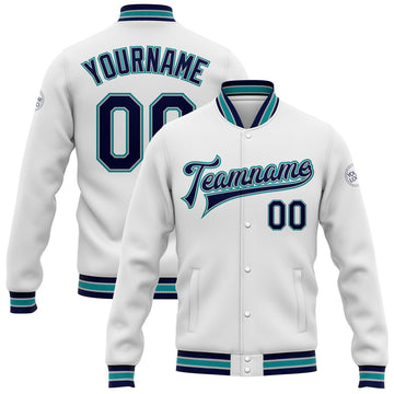 FUNSTUFFPRINT Custom White Navy Gray-Teal Bomber Full-Snap Varsity Letterman Jacket 3D Baseball Jacket
