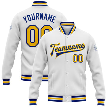 FUNSTUFFPRINT Custom White Yellow-Royal Bomber Full-Snap Varsity Letterman Jacket 3D Baseball Jacket