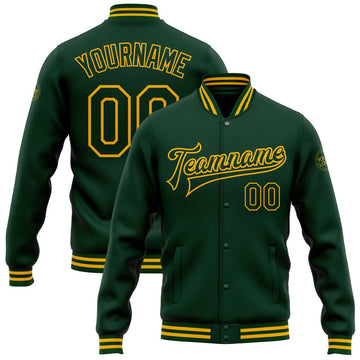 FUNSTUFFPRINT Custom Green Gold Bomber Full-Snap Varsity Letterman Jacket 3D Baseball Jacket