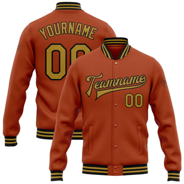 FUNSTUFFPRINT Custom Texas Orange Old Gold-Black Bomber Full-Snap Varsity Letterman Jacket 3D Baseball Jacket