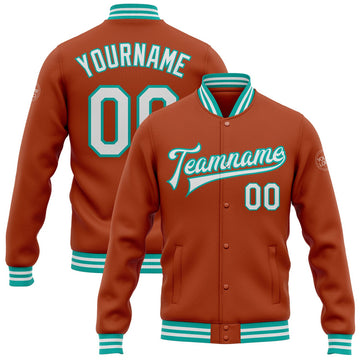 FUNSTUFFPRINT Custom Texas Orange White-Aqua Bomber Full-Snap Varsity Letterman Jacket 3D Baseball Jacket