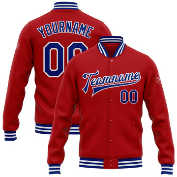 FUNSTUFFPRINT Custom Red Royal-White Bomber Full-Snap Varsity Letterman Jacket 3D Baseball Jacket