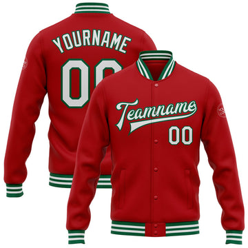 FUNSTUFFPRINT Custom Red White-Kelly Green Bomber Full-Snap Varsity Letterman Jacket 3D Baseball Jacket