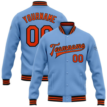 FUNSTUFFPRINT Custom Light Blue Orange-Black Bomber Full-Snap Varsity Letterman Jacket 3D Baseball Jacket