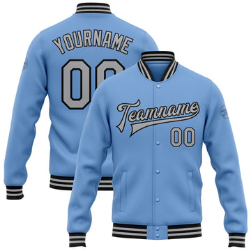 FUNSTUFFPRINT Custom Light Blue Gray-Black Bomber Full-Snap Varsity Letterman Jacket 3D Baseball Jacket