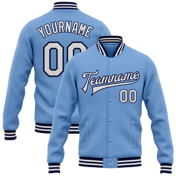 FUNSTUFFPRINT Custom Light Blue White-Navy Bomber Full-Snap Varsity Letterman Jacket 3D Baseball Jacket