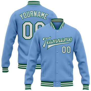 FUNSTUFFPRINT Custom Light Blue White-Kelly Green Bomber Full-Snap Varsity Letterman Jacket 3D Baseball Jacket