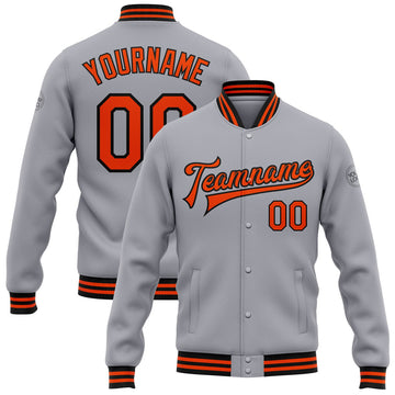 FUNSTUFFPRINT Custom Gray Orange-Black Bomber Full-Snap Varsity Letterman Jacket 3D Baseball Jacket