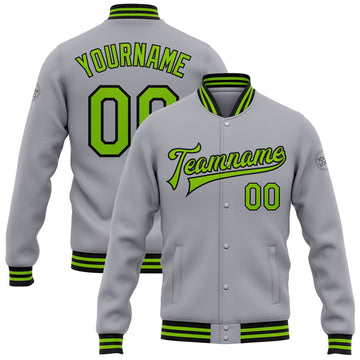 FUNSTUFFPRINT Custom Gray Neon Green-Black Bomber Full-Snap Varsity Letterman Jacket 3D Baseball Jacket