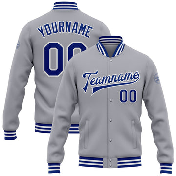 FUNSTUFFPRINT Custom Gray Royal-White Bomber Full-Snap Varsity Letterman Jacket