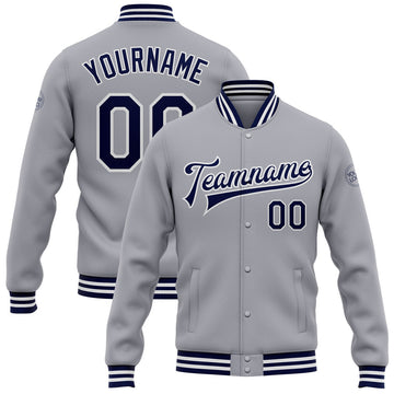 FUNSTUFFPRINT Custom Gray Navy-White Bomber Full-Snap Varsity Letterman Jacket 3D Baseball Jacket