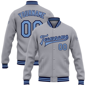 FUNSTUFFPRINT Custom Gray Light Blue-Navy Bomber Full-Snap Varsity Letterman Jacket 3D Baseball Jacket