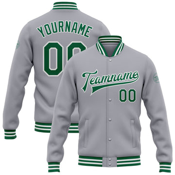 FUNSTUFFPRINT Custom Gray Kelly Green-White Bomber Full-Snap Varsity Letterman Jacket 3D Baseball Jacket