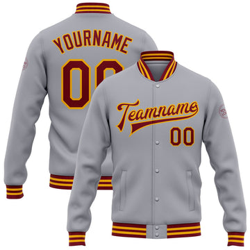 FUNSTUFFPRINT Custom Gray Crimson-Gold Bomber Full-Snap Varsity Letterman Jacket 3D Baseball Jacket
