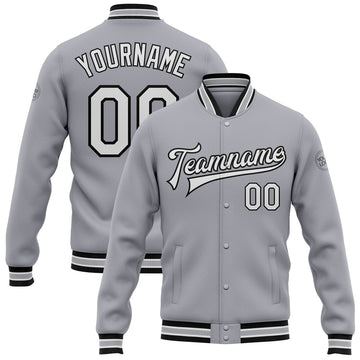 FUNSTUFFPRINT Custom Gray White-Black Bomber Full-Snap Varsity Letterman Jacket