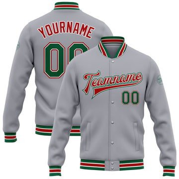 FUNSTUFFPRINT Custom Gray Kelly Green-Red Bomber Full-Snap Varsity Letterman Jacket 3D Baseball Jacket