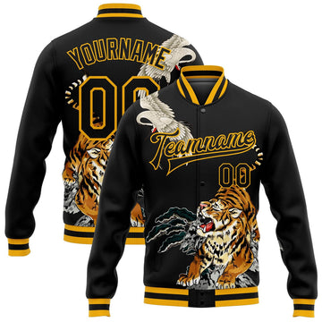 FUNSTUFFPRINT Custom Black Gold Heron And Tiger 3D Pattern Design Bomber Full-Snap Varsity Letterman Jacket 3D Baseball Jacket