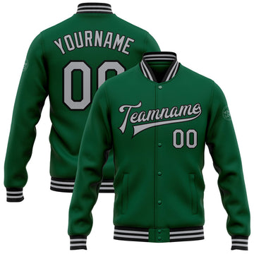 FUNSTUFFPRINT Custom Kelly Green Gray-Black Bomber Full-Snap Varsity Letterman Jacket 3D Baseball Jacket