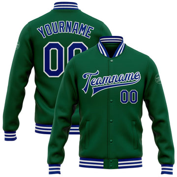 FUNSTUFFPRINT Custom Kelly Green Royal-White Bomber Full-Snap Varsity Letterman Jacket 3D Baseball Jacket