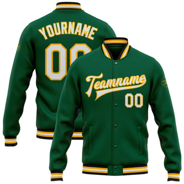 FUNSTUFFPRINT Custom Kelly Green White-Gold Bomber Full-Snap Varsity Letterman Jacket 3D Baseball Jacket