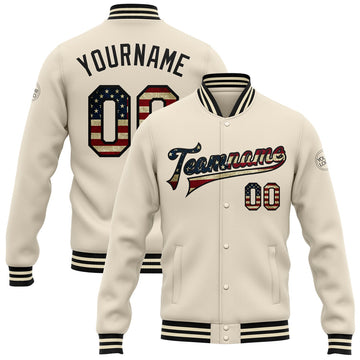 FUNSTUFFPRINT Custom Cream Vintage USA Flag-Black Bomber Full-Snap Varsity Letterman Jacket 3D Baseball Jacket