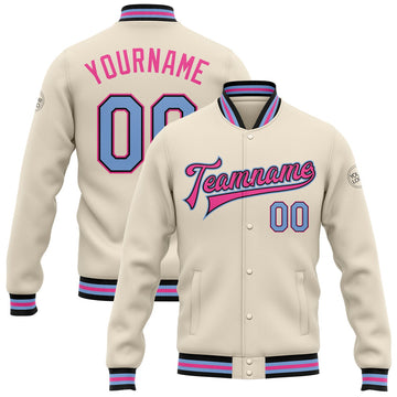 FUNSTUFFPRINT Custom Cream Light Blue Black-Pink Bomber Full-Snap Varsity Letterman Jacket 3D Baseball Jacket