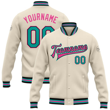 FUNSTUFFPRINT Custom Cream Aqua Black-Pink Bomber Full-Snap Varsity Letterman Jacket 3D Baseball Jacket