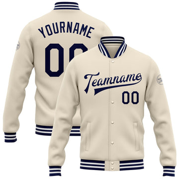 FUNSTUFFPRINT Custom Cream Navy-White Bomber Full-Snap Varsity Letterman Jacket 3D Baseball Jacket
