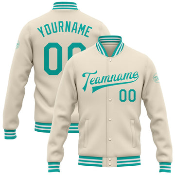 FUNSTUFFPRINT Custom Cream Aqua-White Bomber Full-Snap Varsity Letterman Jacket 3D Baseball Jacket