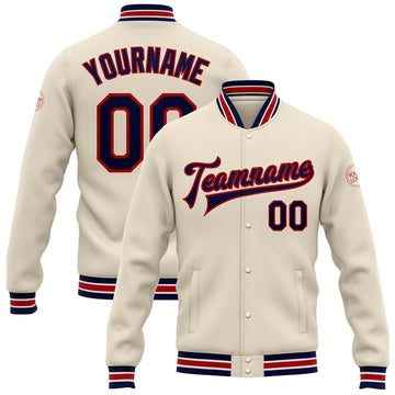 FUNSTUFFPRINT Custom Cream Navy-Red Bomber Full-Snap Varsity Letterman Jacket 3D Baseball Jacket