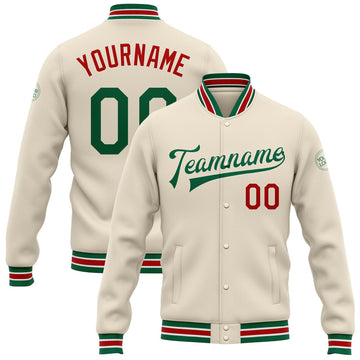 FUNSTUFFPRINT Custom Cream Kelly Green-Red Bomber Full-Snap Varsity Letterman Jacket 3D Baseball Jacket