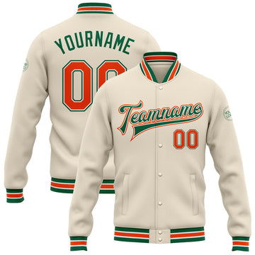 FUNSTUFFPRINT Custom Cream Orange-Kelly Green Bomber Full-Snap Varsity Letterman Jacket 3D Baseball Jacket