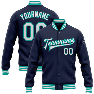 FUNSTUFFPRINT Custom Navy White-Aqua Bomber Full-Snap Varsity Letterman Jacket 3D Baseball Jacket