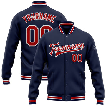FUNSTUFFPRINT Custom Navy Red-White Bomber Full-Snap Varsity Letterman Jacket 3D Baseball Jacket