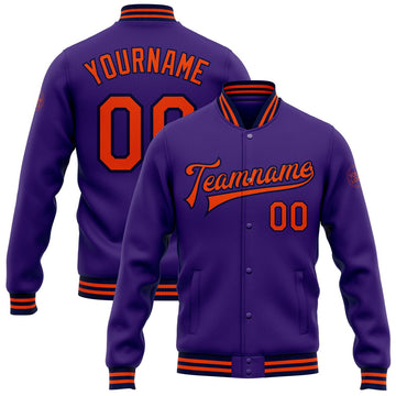 FUNSTUFFPRINT Custom Purple Orange-Navy Bomber Full-Snap Varsity Letterman Jacket 3D Baseball Jacket