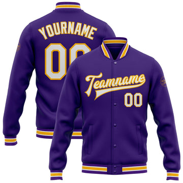 FUNSTUFFPRINT Custom Purple White-Gold Bomber Full-Snap Varsity Letterman Jacket 3D Baseball Jacket