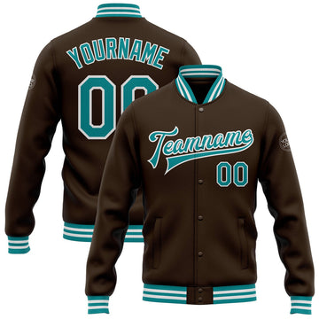 FUNSTUFFPRINT Custom Brown Teal-White Bomber Full-Snap Varsity Letterman Jacket 3D Baseball Jacket
