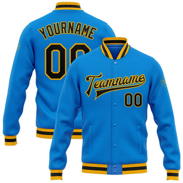 FUNSTUFFPRINT Custom Powder Blue Black-Gold Bomber Full-Snap Varsity Letterman Jacket 3D Baseball Jacket